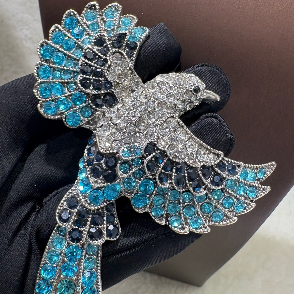 Sparkling Blue and Silver Bird Brooch
